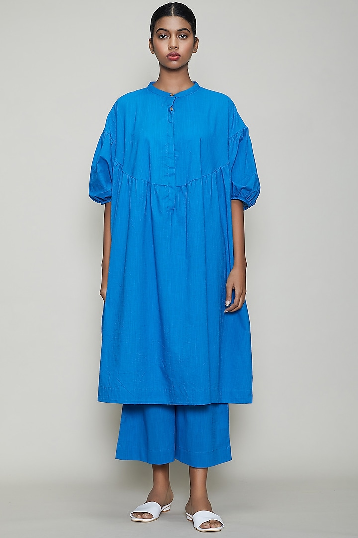 Blue Handwoven Cotton Kaftan Tunic by Mati