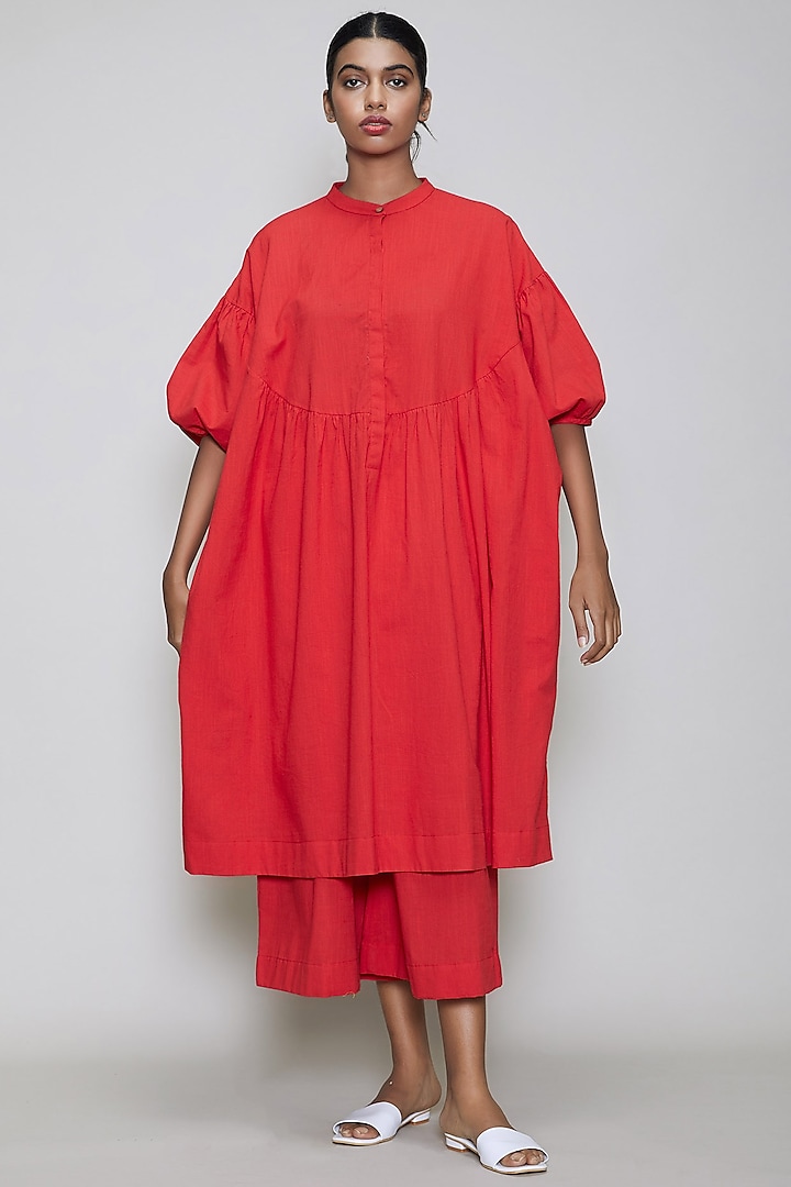 Red Handwoven Cotton Kaftan Tunic Set by Mati