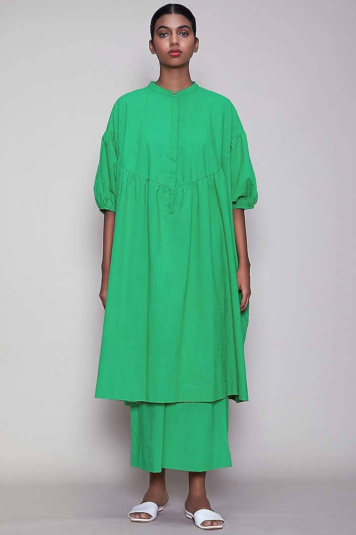 Green Handwoven Cotton Kaftan Tunic Set by Mati