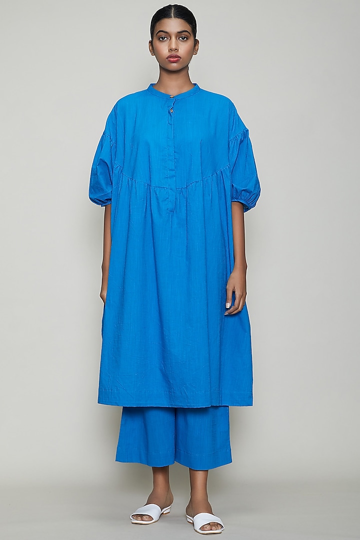 Blue Handwoven Cotton Kaftan Tunic Set by Mati