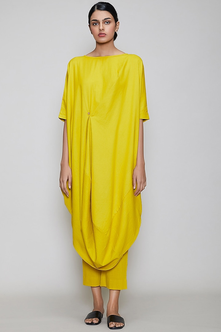 Yellow Handwoven Cotton Cowl Tunic by Mati