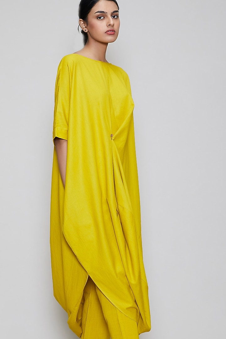 Yellow Handwoven Cotton Cowl Tunic by Mati at Pernia's Pop Up Shop