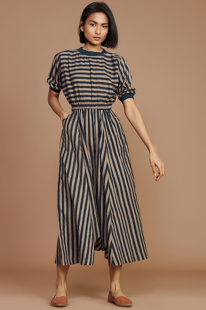 Brown & Charcoal Striped Jumpsuit by Mati