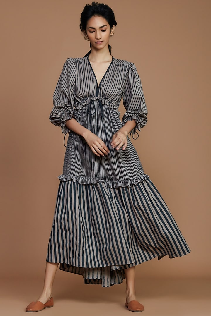 Grey Striped Tiered Dress by Mati at Pernia's Pop Up Shop