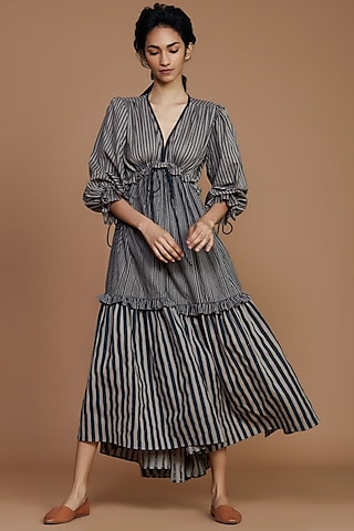 Grey Striped Tiered Dress by Mati