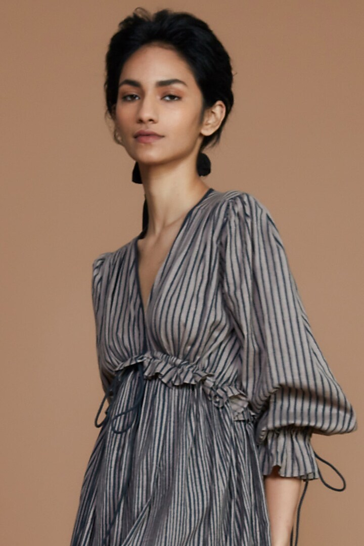 Grey Striped Tiered Vacation Dress by Mati at Pernia's Pop Up Shop