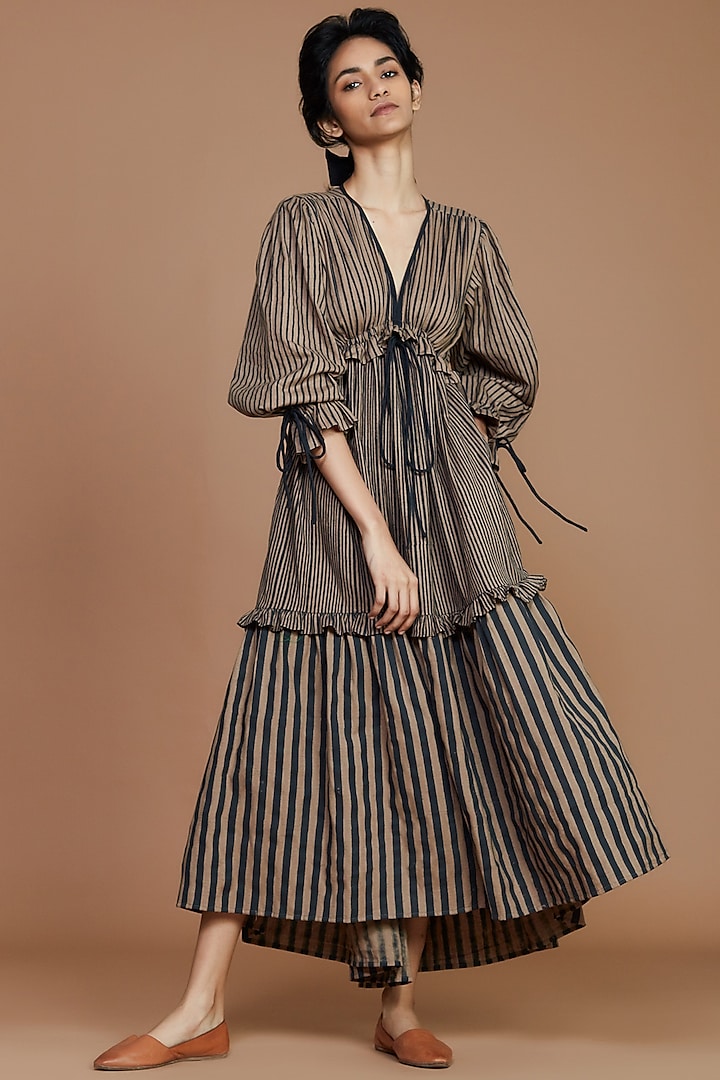 Brown Striped Tiered Vacation Dress by Mati at Pernia's Pop Up Shop