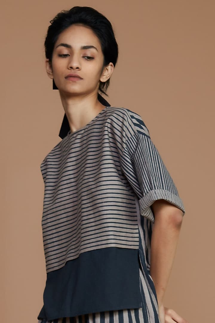 Grey & Charcoal Striped Top by Mati