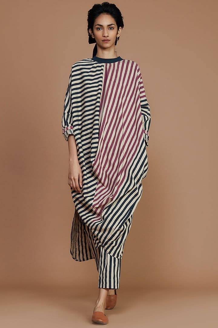 Mauve Pink & Ivory Striped Ribbed Cowl Tunic by Mati