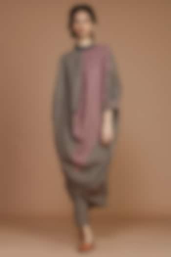 Brown & Charcoal Blue Striped Ribbed Cowl Tunic Set by Mati at Pernia's Pop Up Shop