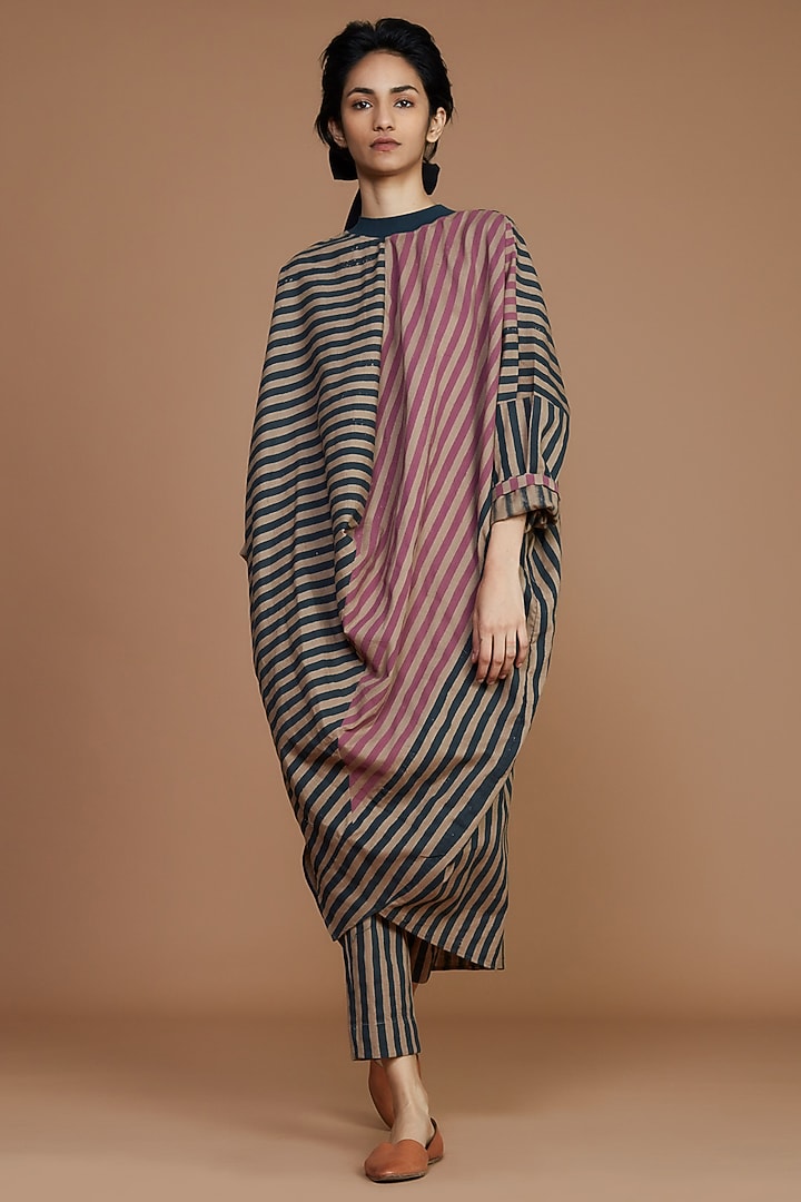 Brown & Charcoal Blue Striped Ribbed Cowl Tunic Set by Mati at Pernia's Pop Up Shop