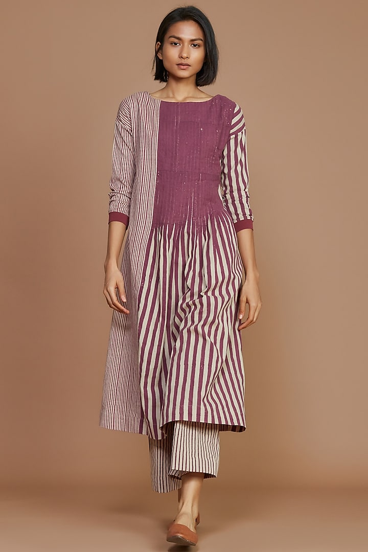 Mauve Pink & Ivory Striped Pleated Tunic by Mati at Pernia's Pop Up Shop