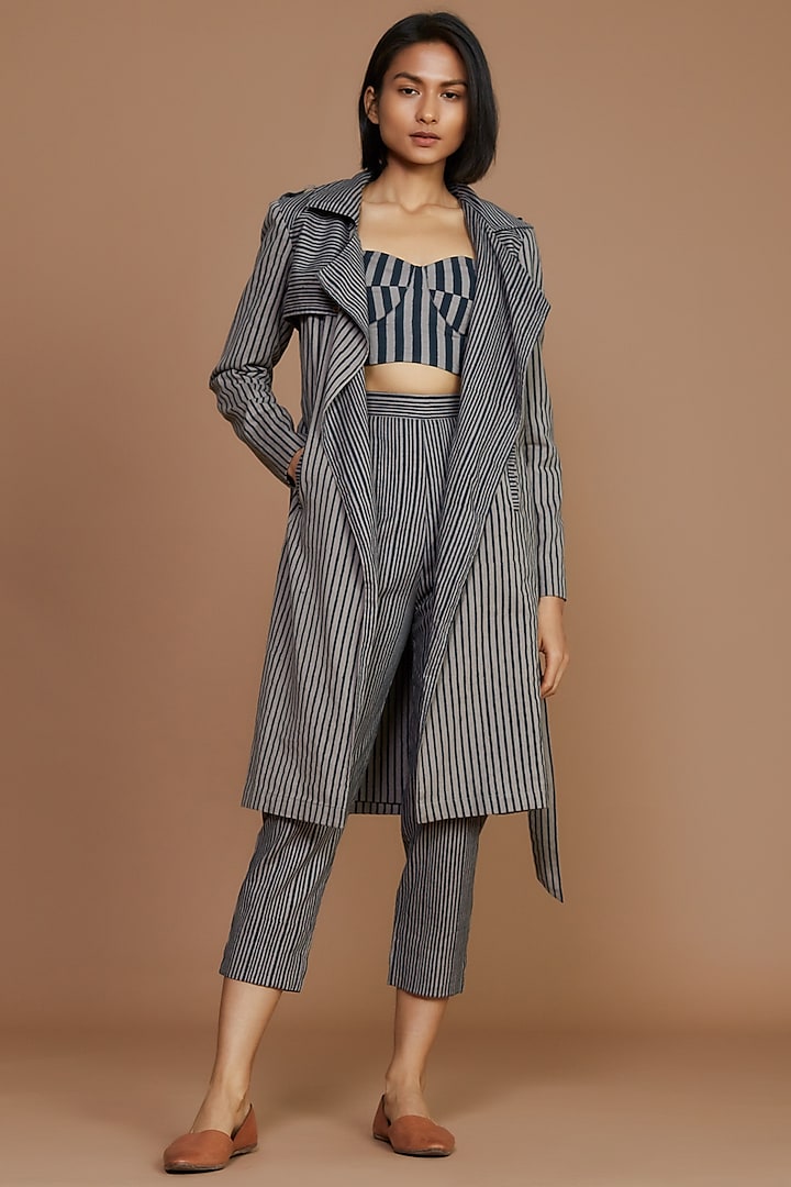 Grey & Charcoal Striped Trench Coat by Mati