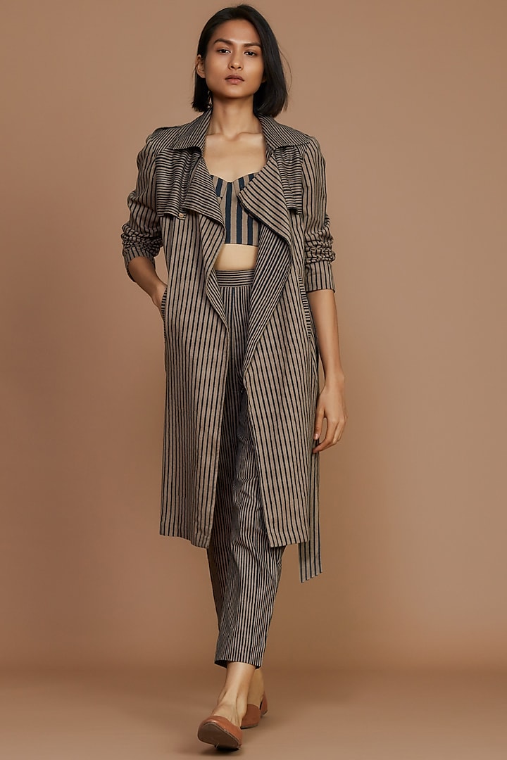 Brown & Charcoal Striped Trench Coat by Mati