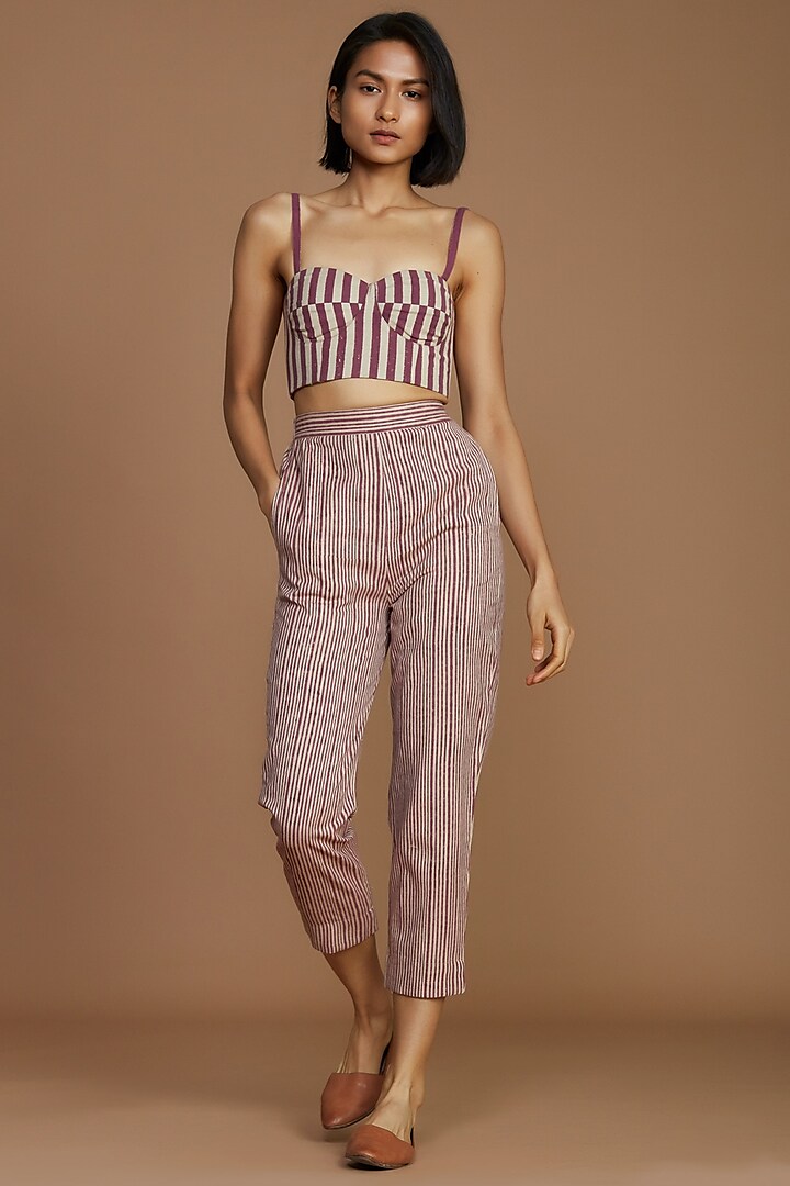 Ivory & Mauve Striped Tapered Pants by Mati