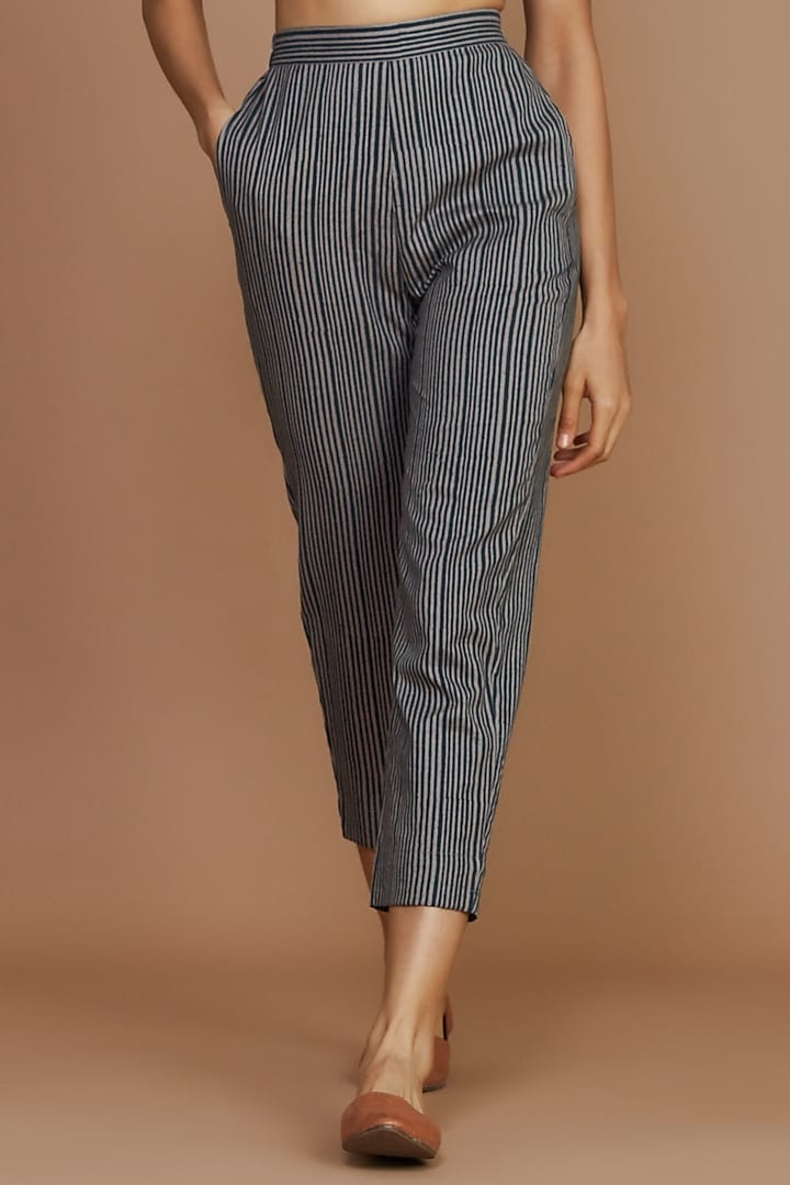 Grey & Charcoal Striped Tapered Pants by Mati