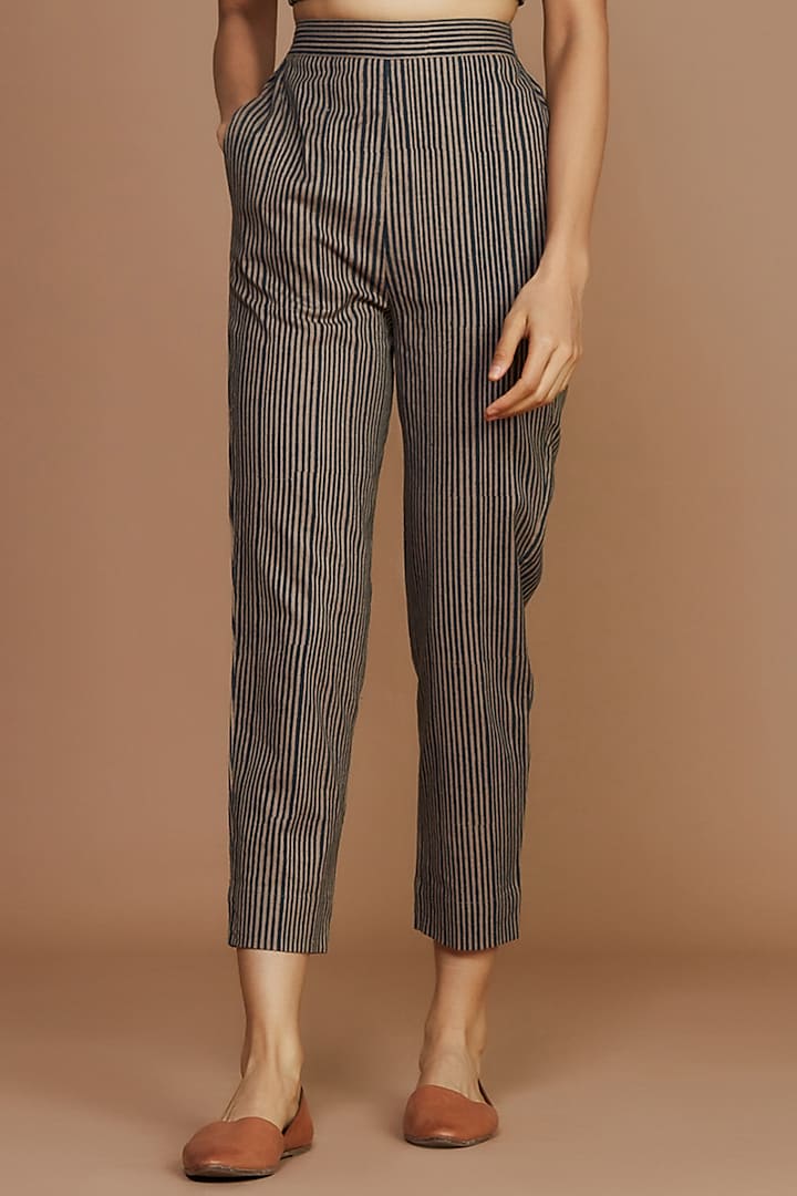 Brown & Charcoal Striped Tapered Pants by Mati