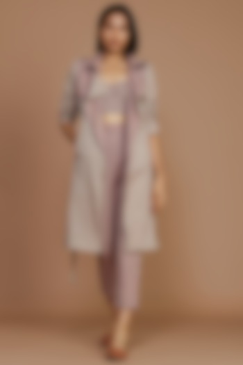 Ivory & Mauve Striped Trench Coat Set by Mati