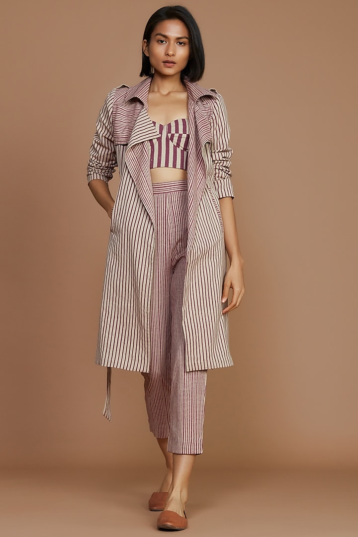 Ivory & Mauve Striped Trench Coat Set by Mati