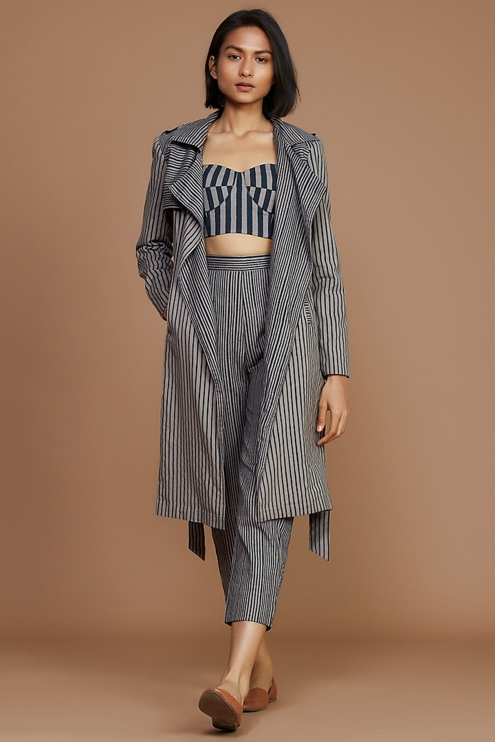 Grey & Charcoal Striped Trench Coat Set by Mati