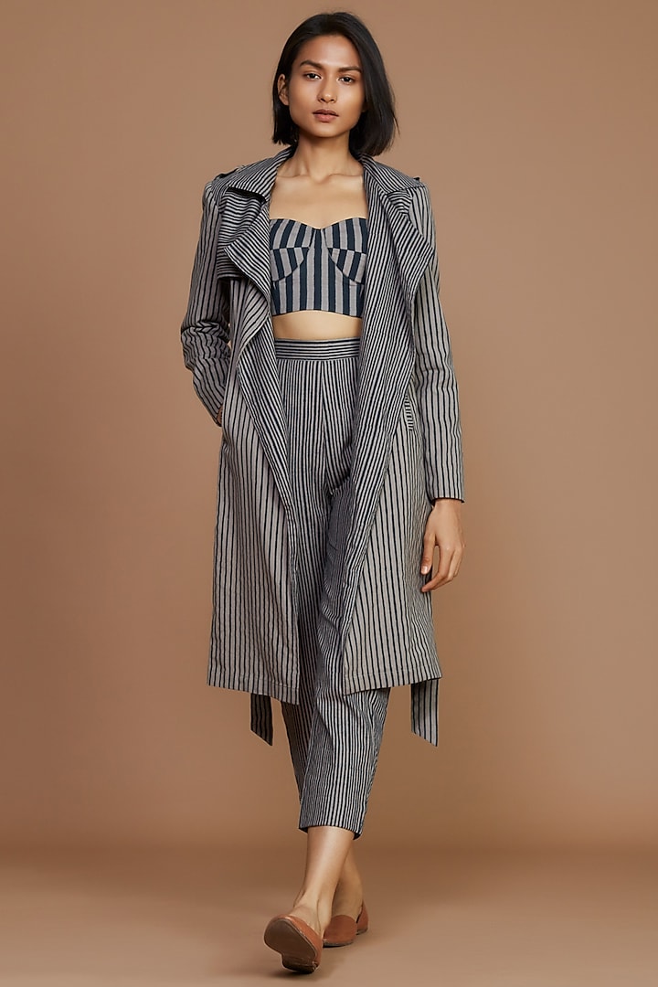 Grey & Charcoal Striped Trench Coat Set by Mati at Pernia's Pop Up Shop