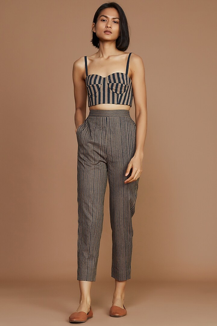 Brown & Charcoal Striped Pant Set by Mati
