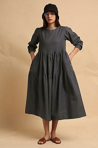 Ash Grey Handspun Cotton Tiered Dress by Mati