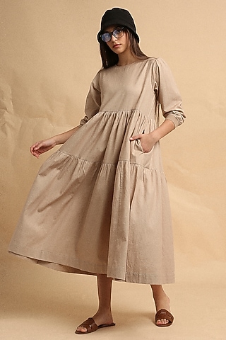 Sand-Colored Handspun Cotton Tiered Dress by Mati