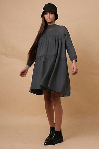 Ash Grey Handspun Cotton Mul Tiered Oversized Dress by Mati