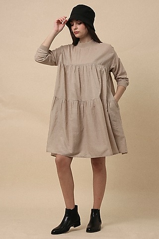Sand-Colored Handspun Cotton Mul Tiered Oversized Dress by Mati