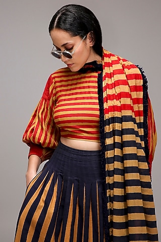 Tan Brown Handwoven Cotton Printed Crop Top by Mati