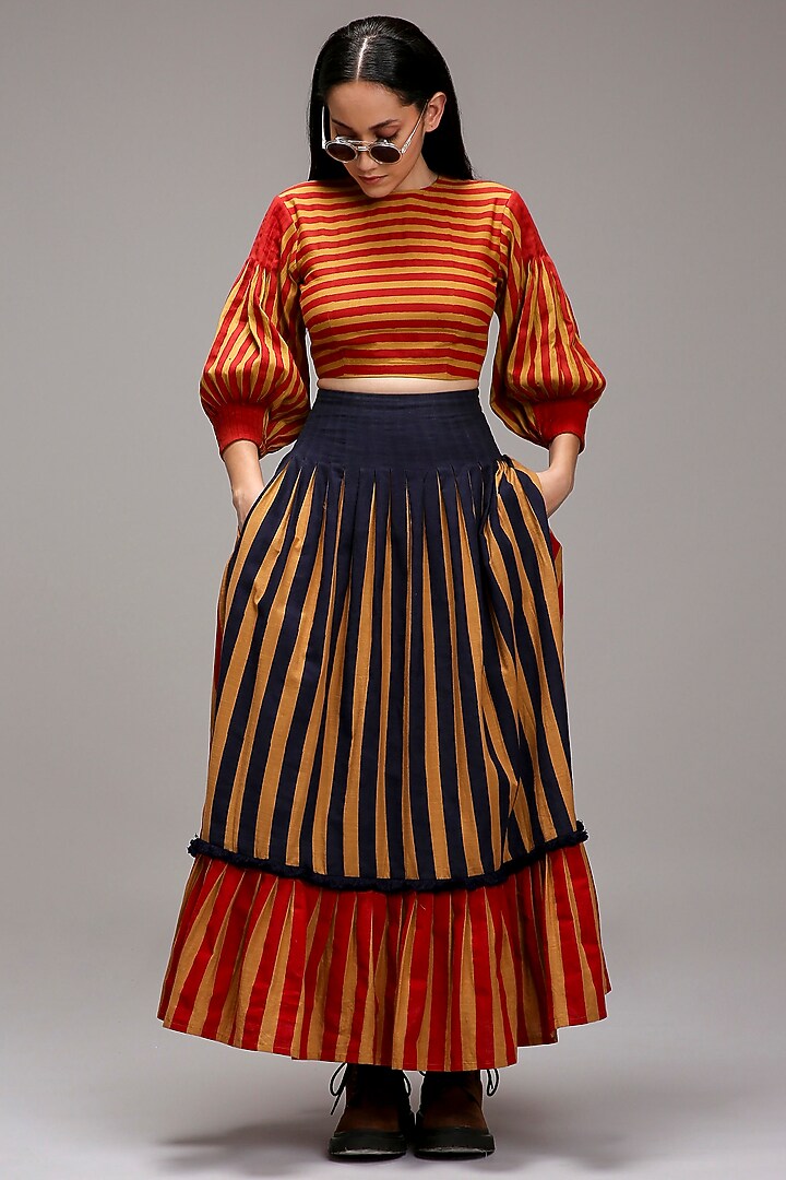 Tan Brown Handwoven Cotton Printed Crop Top by Mati at Pernia's Pop Up Shop
