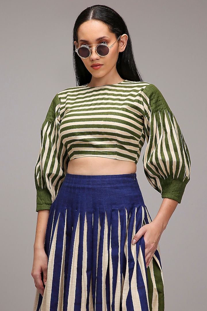 Off-White Handwoven Cotton Printed Crop Top by Mati at Pernia's Pop Up Shop