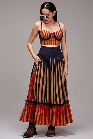 Tan Brown Handwoven Cotton Stripe Printed Skirt by Mati