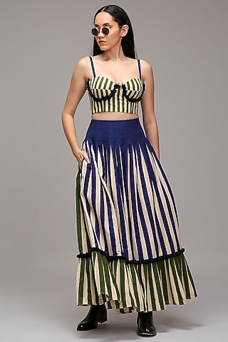 Off-White Handwoven Cotton Stripe Printed Skirt by Mati