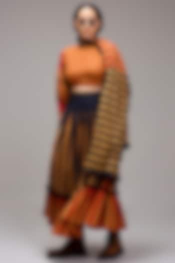 Tan Brown Handwoven Cotton Stripe Printed Stole by Mati at Pernia's Pop Up Shop