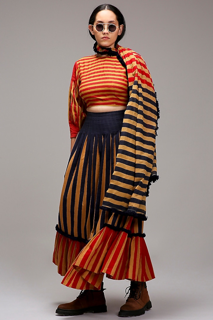 Tan Brown Handwoven Cotton Stripe Printed Stole by Mati at Pernia's Pop Up Shop