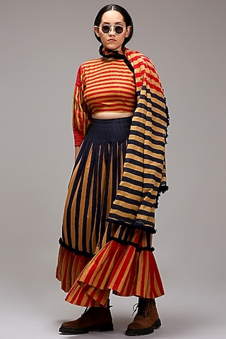 Tan Brown Handwoven Cotton Stripe Printed Stole by Mati
