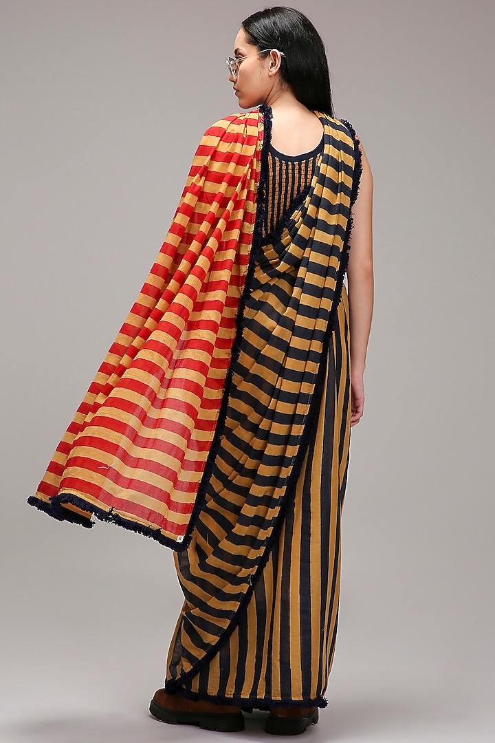 Tan Brown Handwoven Cotton Stripe Printed Stole by Mati at Pernia's Pop Up Shop