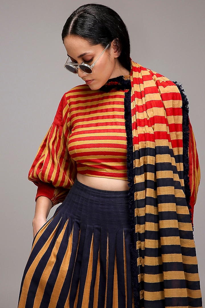 Tan Brown Handwoven Cotton Stripe Printed Stole by Mati at Pernia's Pop Up Shop