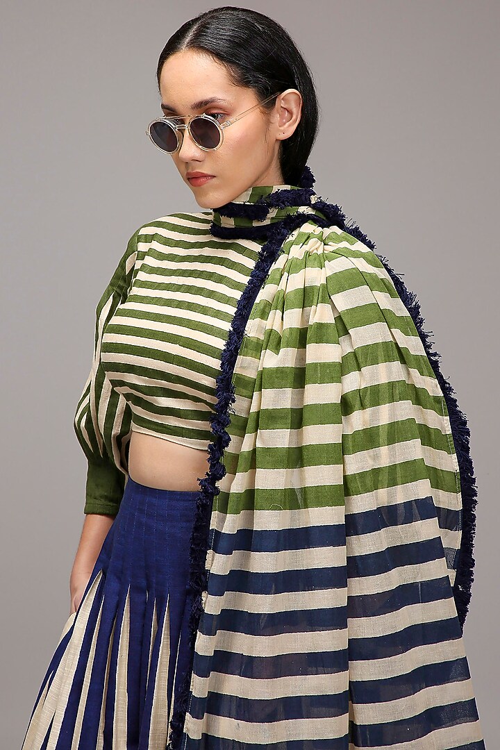 Off-White Handwoven Cotton Stripe Printed Stole by Mati at Pernia's Pop Up Shop