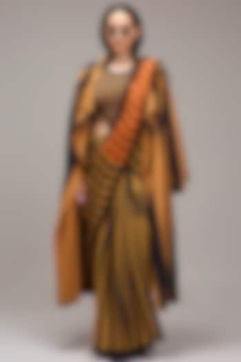 Tan Brown Handwoven Cotton Dual Stripe Printed Festive Saree by Mati at Pernia's Pop Up Shop