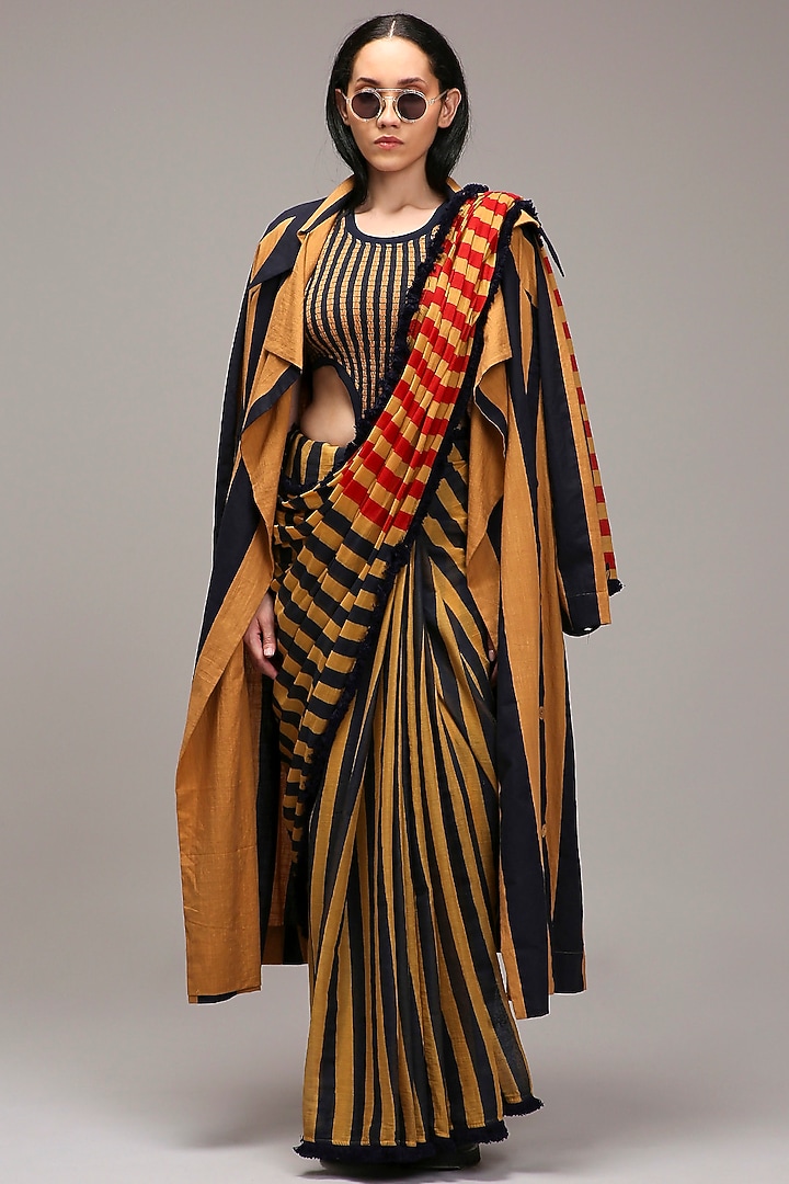 Tan Brown Handwoven Cotton Dual Stripe Printed Festive Saree by Mati at Pernia's Pop Up Shop