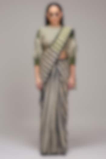 Off-White Handwoven Cotton Dual Stripe Printed Festive Saree by Mati at Pernia's Pop Up Shop