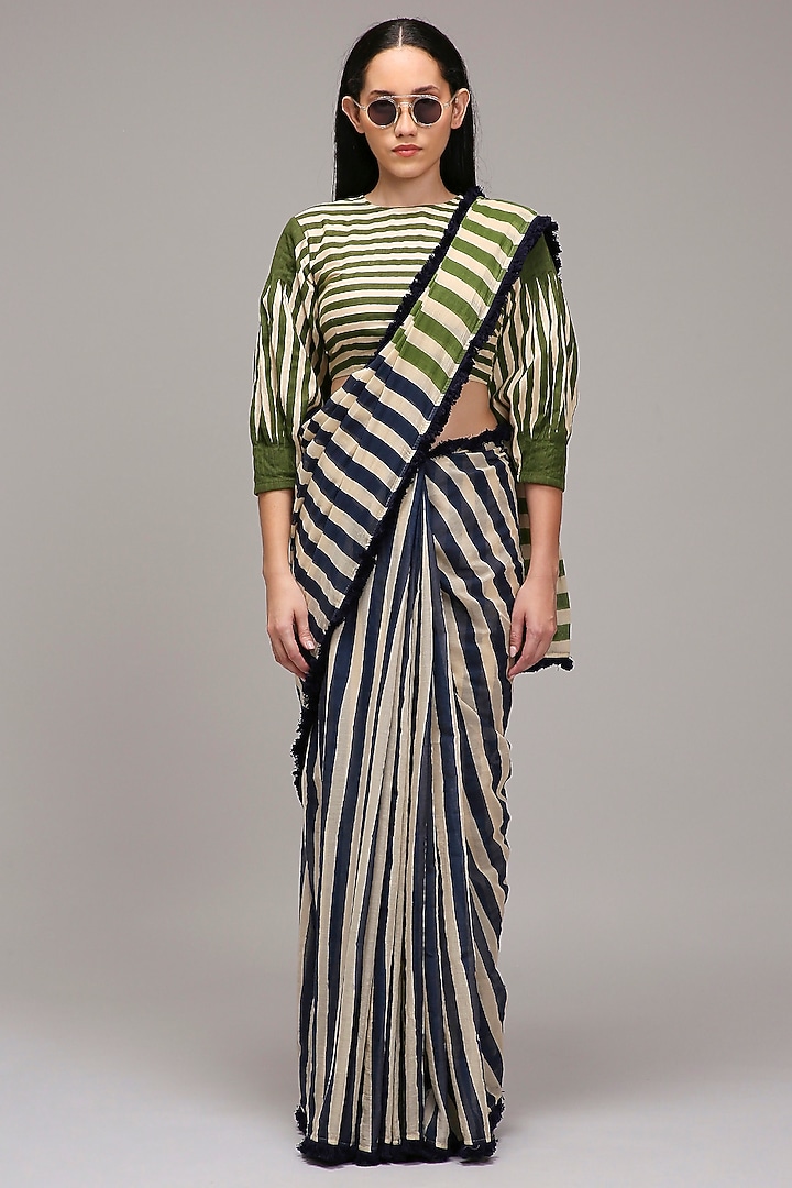 Off-White Handwoven Cotton Dual Stripe Printed Festive Saree by Mati at Pernia's Pop Up Shop