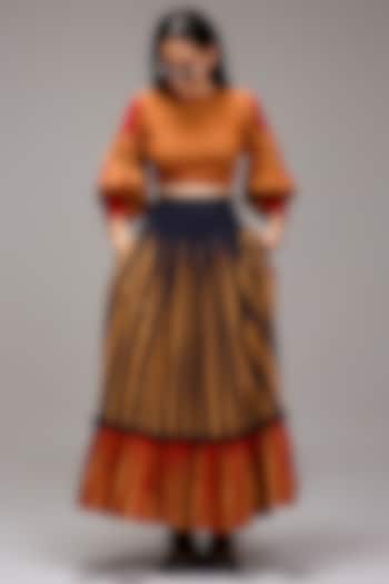 Tan Brown Handwoven Cotton Stripe Printed Skirt Set by Mati at Pernia's Pop Up Shop
