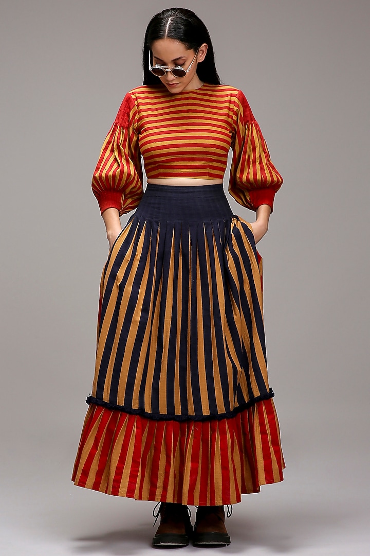 Tan Brown Handwoven Cotton Stripe Printed Skirt Set by Mati at Pernia's Pop Up Shop