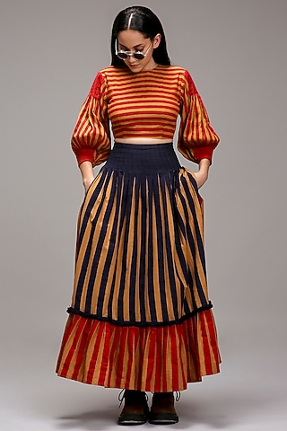 Tan Brown Handwoven Cotton Stripe Printed Skirt Set by Mati