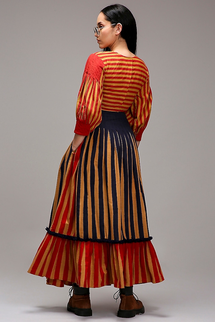 Tan Brown Handwoven Cotton Stripe Printed Skirt Set by Mati at Pernia's Pop Up Shop