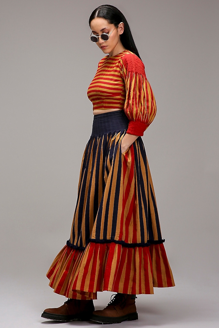 Tan Brown Handwoven Cotton Stripe Printed Skirt Set by Mati at Pernia's Pop Up Shop
